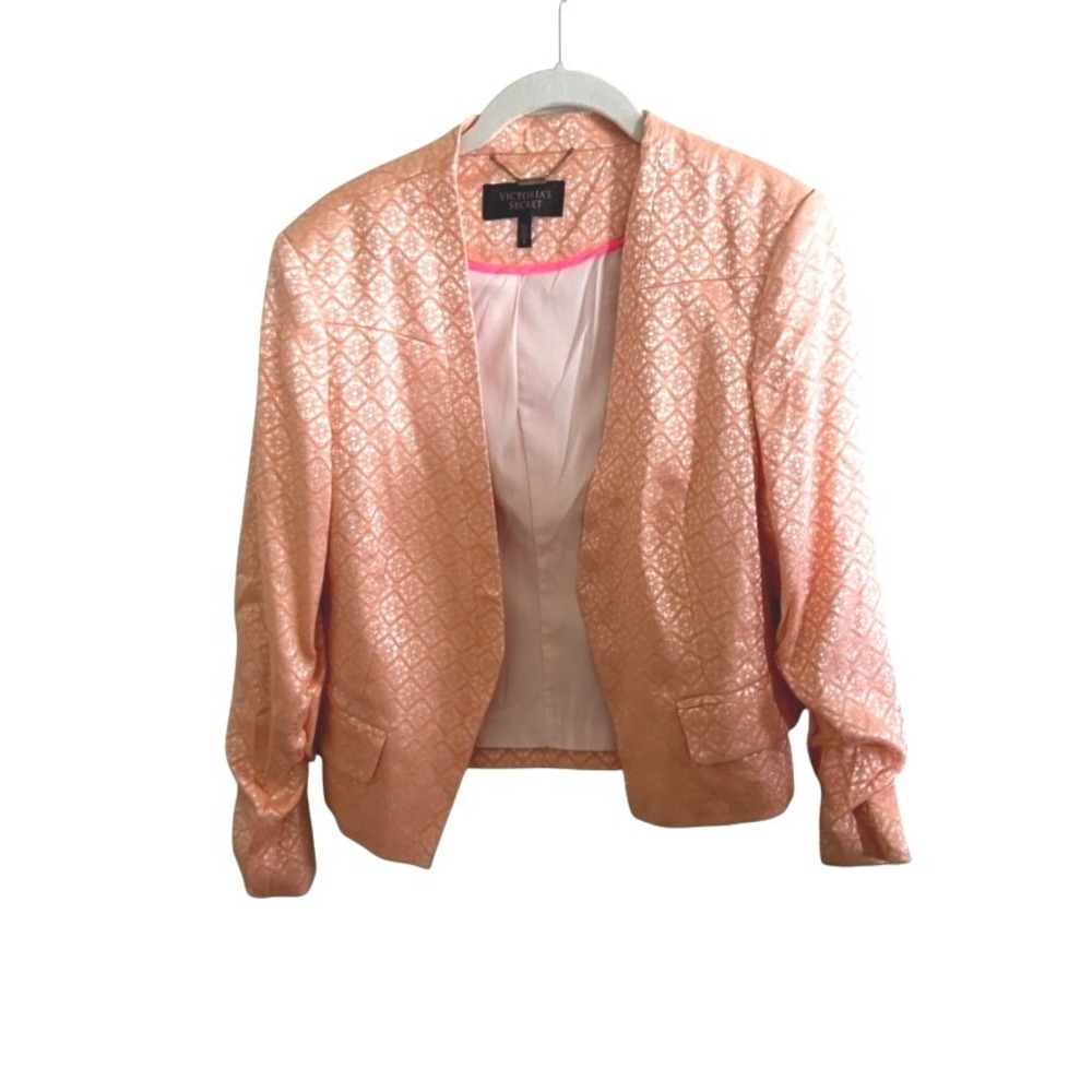 Victoria's Secret Peach Silver Metallic Jacquard Open Front Blazer Jacket Size 6